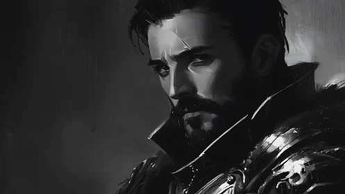 Shadow-lit warrior lost in thought and quiet resolve.