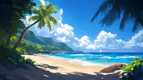 Tropical Paradise Beach with Palm Trees and Mountains