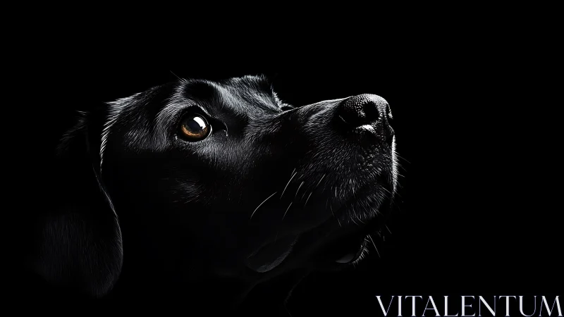 Soft spotlight on a hopeful black dog gazing upward.