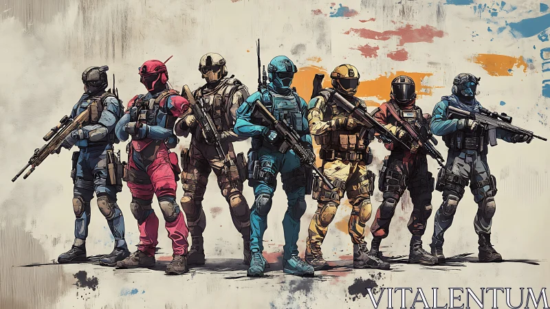 Chromatic strike squad stands ready in stylized battle armor.