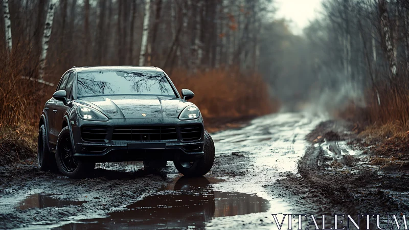 High-gloss SUV stands on muddy forest track in overcast light