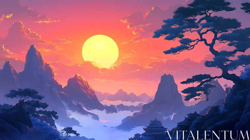 Digital landscape depicts sun over stylized mountain range