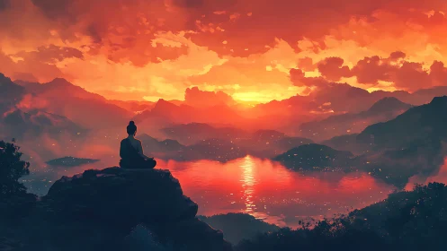 Meditating figure overlooks burning sunset across mountain lake