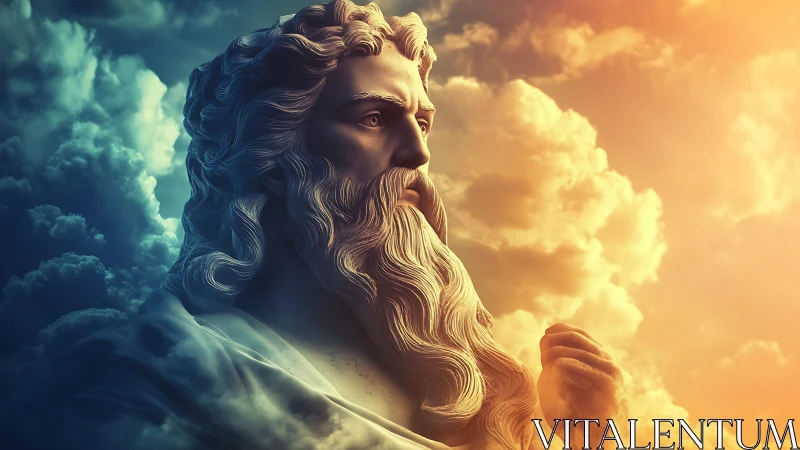 Marble sky deity sculpture under dual storm and sunset light.