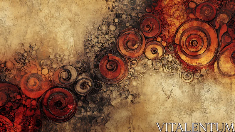 Spiral vortex band on cracked ochre canvas with rust tones