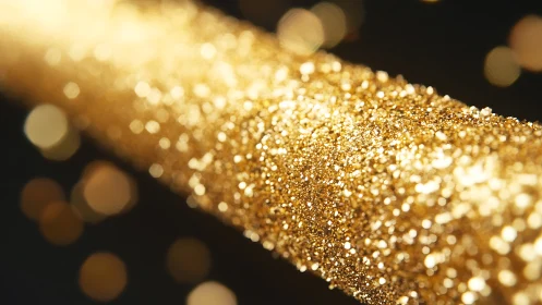 Macro view golden glitter bokeh on dark background.