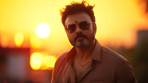 Bearded man in sunglasses stands before vivid sunset glow
