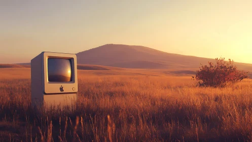 Retro monitor daydreams in a sunlit wildgrass valleyscape.