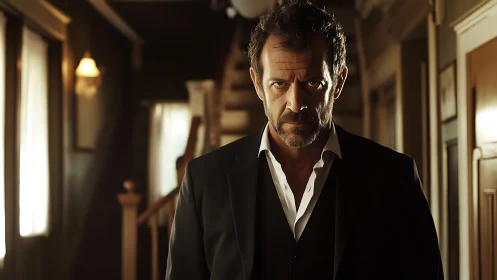Brooding suited man in warm cinematic hallway lighting.