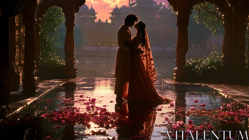 Silhouetted couple in sunset-lit Mughal courtyard reflection