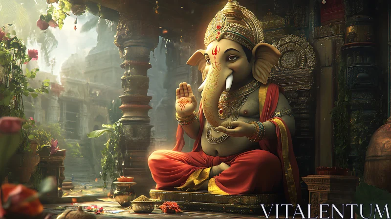 Golden Ganesha idol in sunlit temple courtyard, hyperreal render