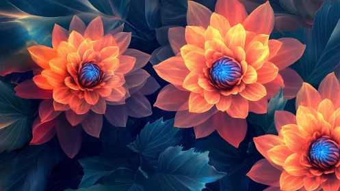 Digital close-up of orange blue flowers on dark foliage.