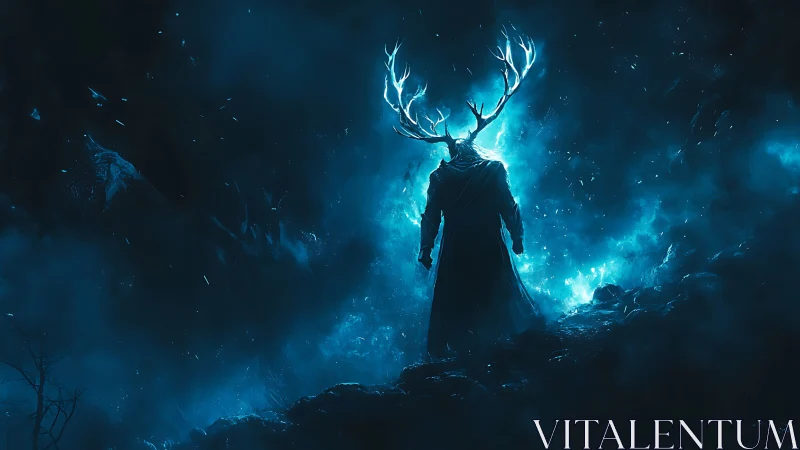 Antlered wraith silhouette amid bioluminescent blue storm.