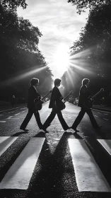 Silhouetted guitarists cross urban crosswalk in backlit monochrome