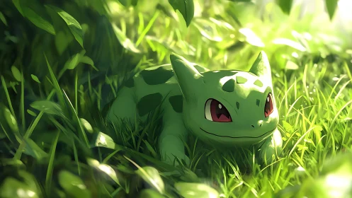 Gentle forest Bulbasaur resting in golden morning light.