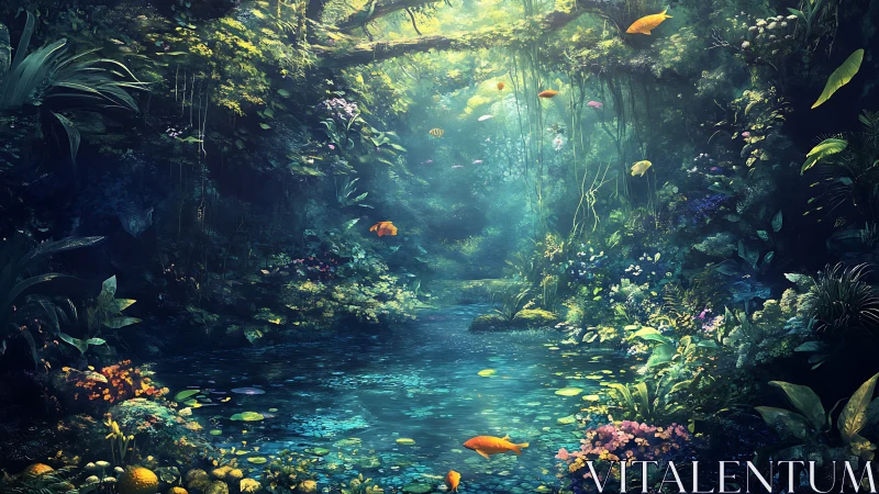 Luminous forest lagoon with volumetric light and suspended fish