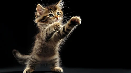 Tabby kitten standing upright with raised paws against dark background.