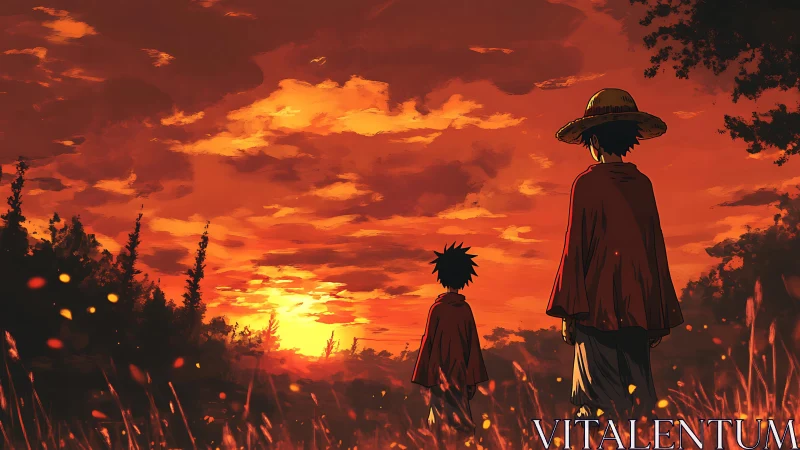 Sunset wanderers wrapped in ember skies and quiet resolve.