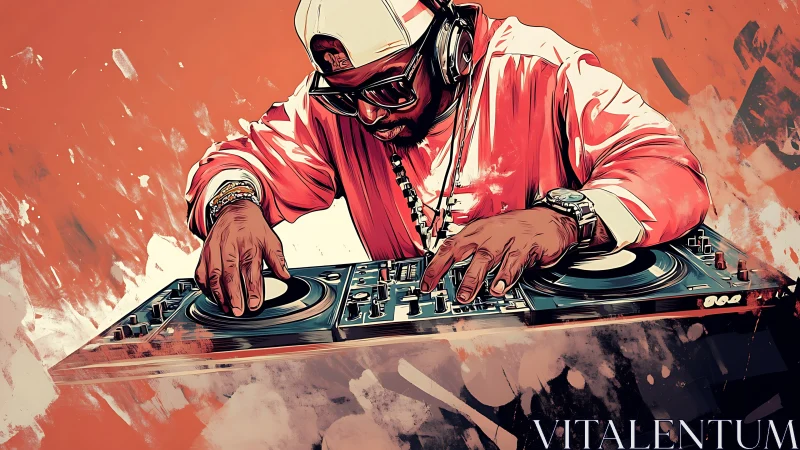 Street DJ drives turntables through electric color storm.