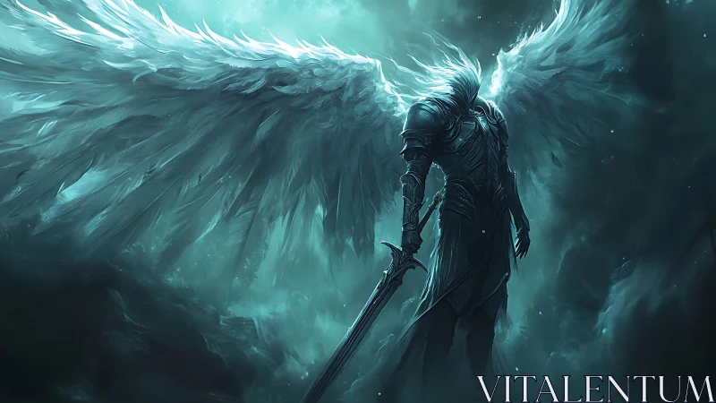 Armored winged warrior holding sword in glowing mist.