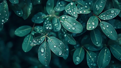 Raindrops on broad green leaves in close-up view.