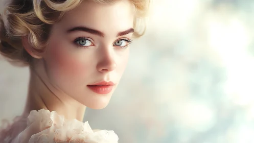 Soft-focus portrait of blonde woman in pastel light.