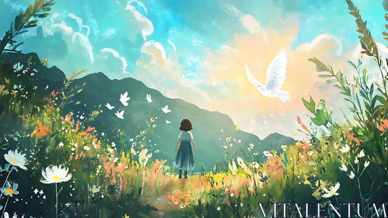 Girl stands in bright meadow watching white doves fly