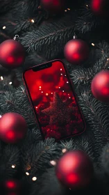 Cozy red baubles and glowing phone star in a pine nest.