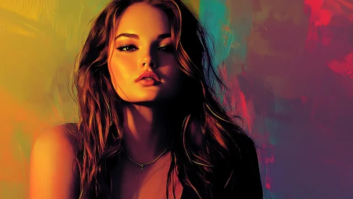 Radiant woman gazes softly against glowing painted colors