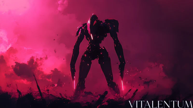 Neon warblade mech rises from a crimson storm horizon.