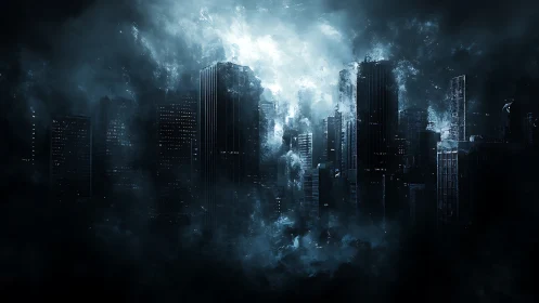 Nocturnal high-rise skyline shrouded in electric storm clouds.