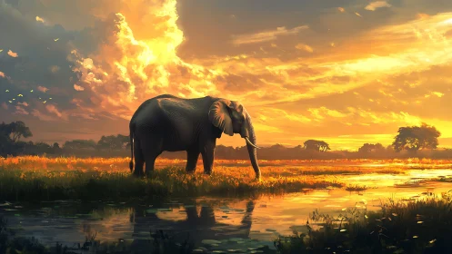 Sunlit savanna wanderer bathing in molten horizon glow.