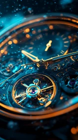 Macro view of luminous skeleton watch tourbillon under droplets