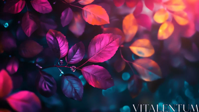 Neon-tinted foliage glows under shallow depth-of-field bokeh