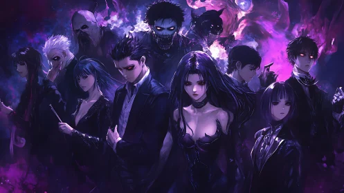 Group of dark anime characters stands in purple glowing mist
