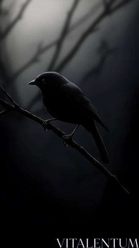Silhouetted small bird perches on bare branch in dramatic shadow