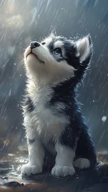 Digital husky puppy render sits in rainfall with wet fur