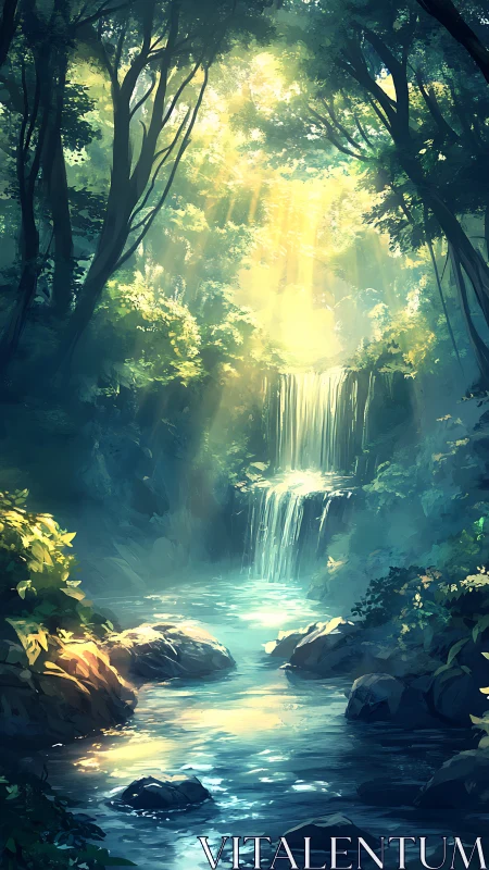 Forest Waterfall: Divine Light Through Ancient Trees.