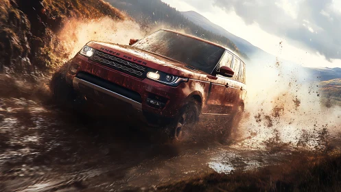 Mud-slinging red SUV carves wild arcs through mountain storm.