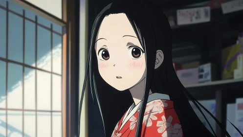 Anime girl in red kimono lit by soft shoji window light.