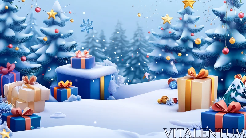 Digital winter giftscape with stylized snow-laden fir trees.