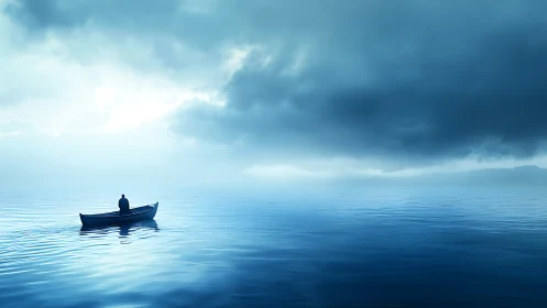 Solitary rowboat under brooding blue dawn sky on lake.