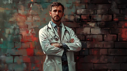 Confident young doctor standing against a bold painted wall.