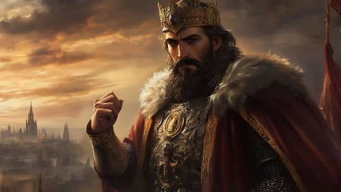 Regal warrior king gazes over citadel in dramatic dusk light