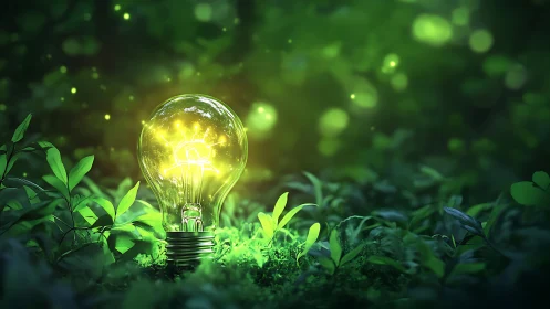 Illuminated light bulb resting amid green forest plants.