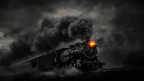 Steam locomotive cuts through nocturnal fog with cinematic contrast