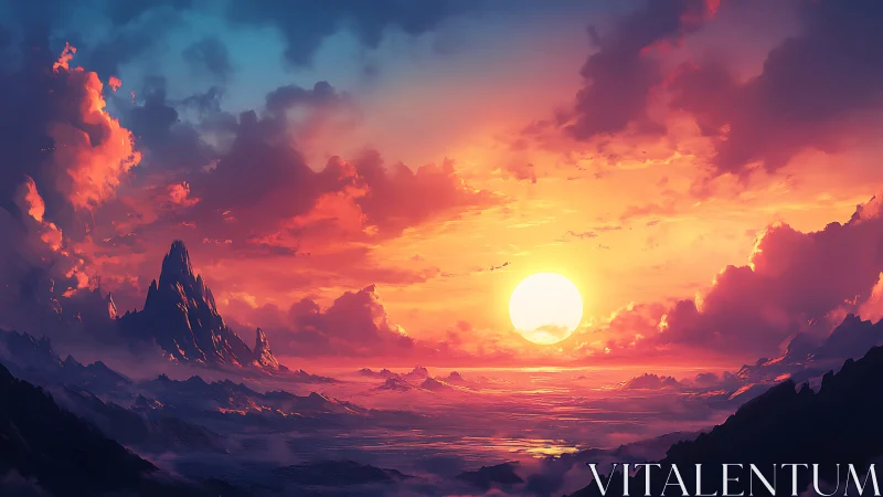 Sunset over stylized mountains and glowing sea horizon.