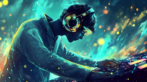Neon-lit DJ producer mixing electronic tracks in profile.