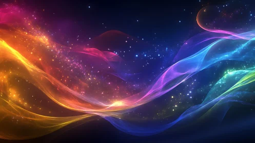 Prismatic cosmic waves sweep starlit void in radiant motion.