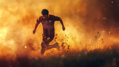 Soccer player charges through fiery smoke on the field.